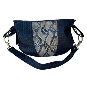 Bebe Black Tan Woven Faux Leather Snake Print Detachable Strap Hobo Bag